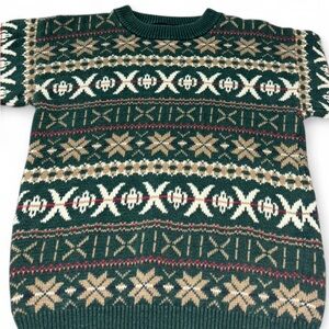 Vintage 80s/90s Fair Isle Nordic Sweater Green Beige Red Knit M/L